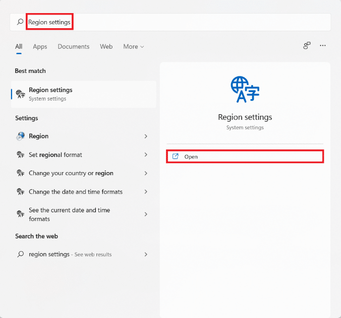 Start menu search results for Region settings. How to Fix Microsoft Store Not Opening on Windows 11