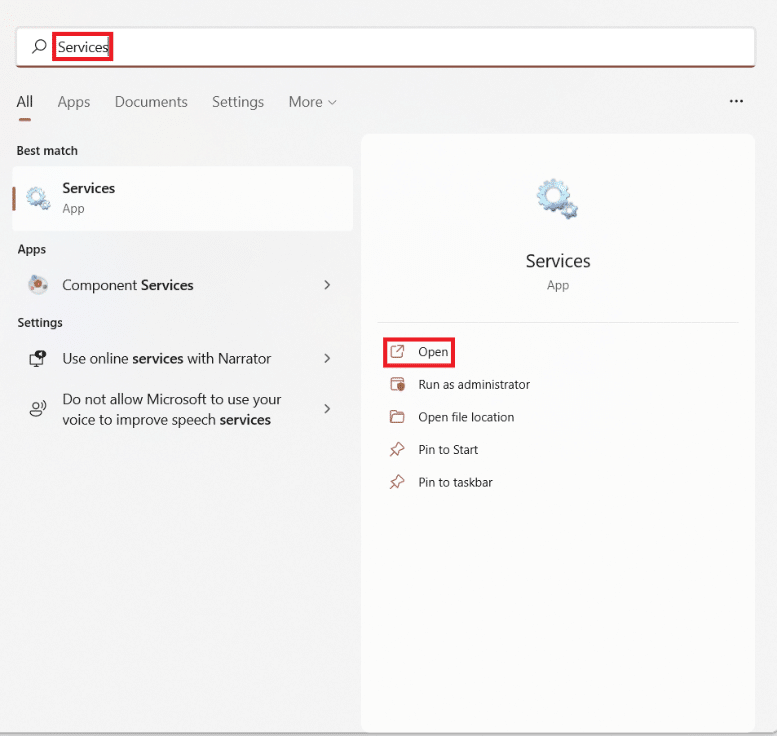 Start menu search results for Services. How to Enable or Disable a Service in Windows 11