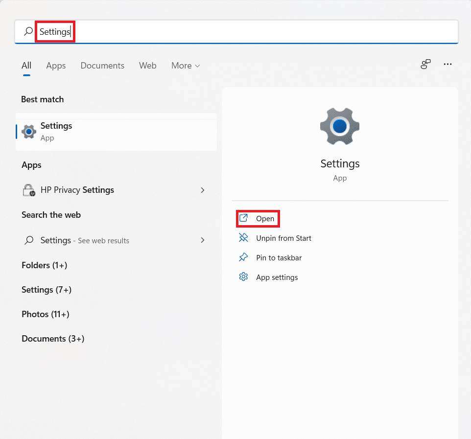 Start menu search results for Settings Windows 11