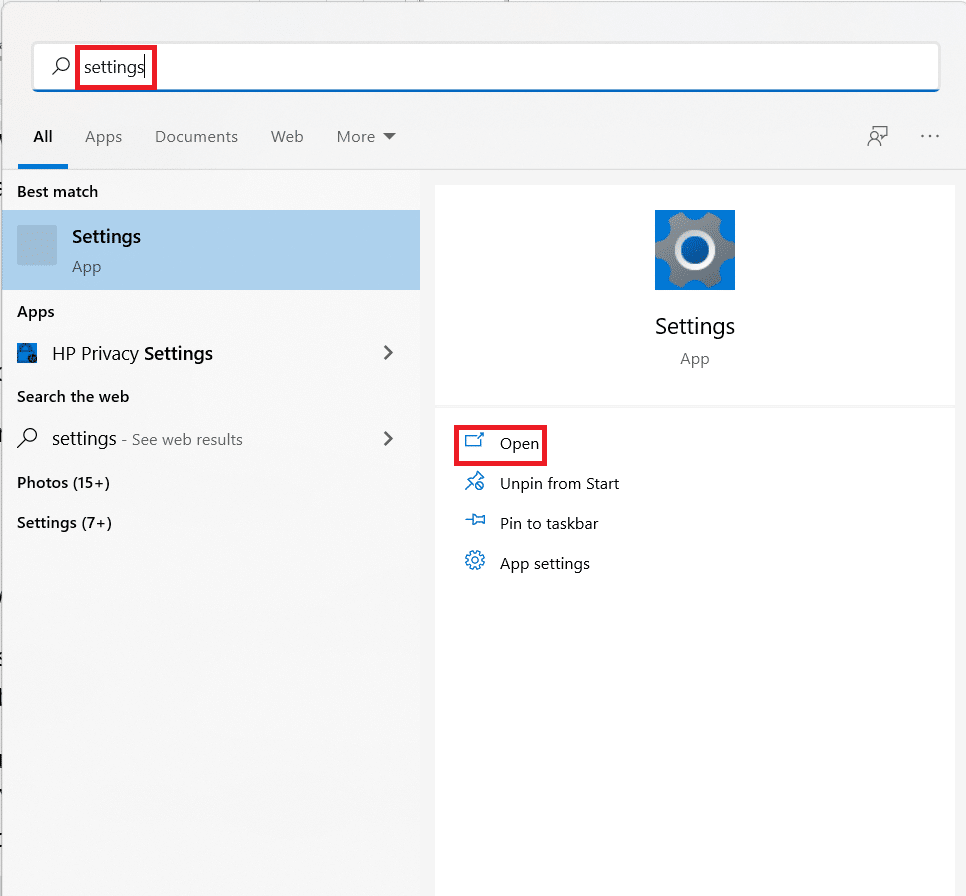 Start menu search results for settings