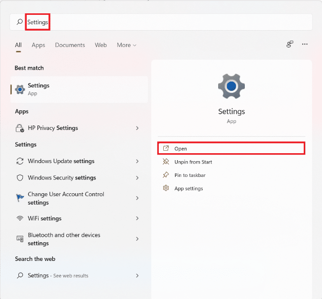 Start menu search results for Settings