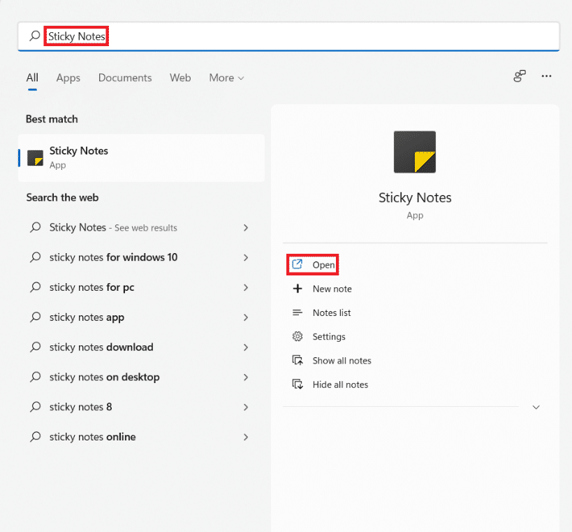 Start menu search results for Sticky Notes