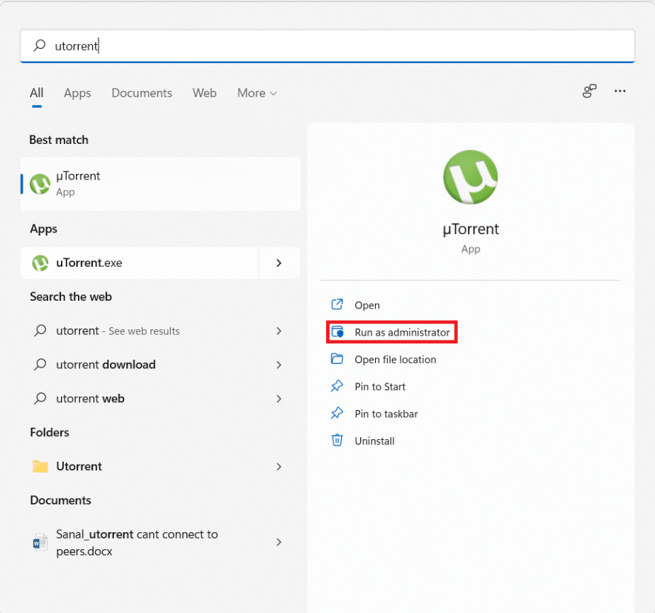 Start menu search results for UTorrent | Fix uTorrent Connecting to Peers Issue