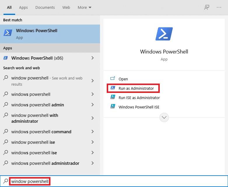 Start menu search results for Windows PowerShell