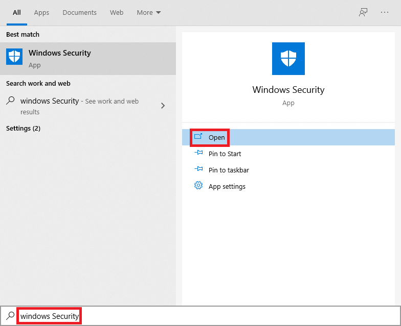 Start menu search results for Windows security.