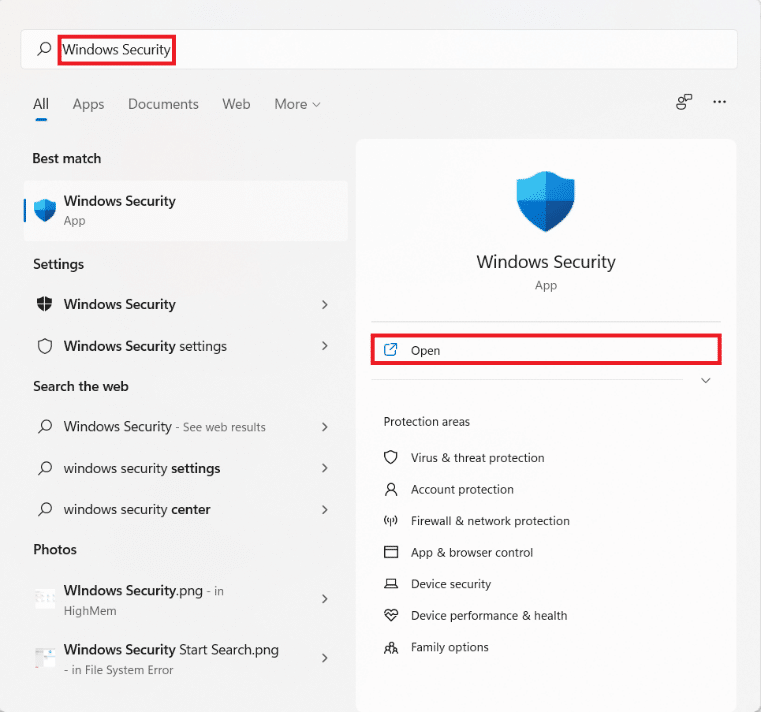 Start menu search results for Windows security