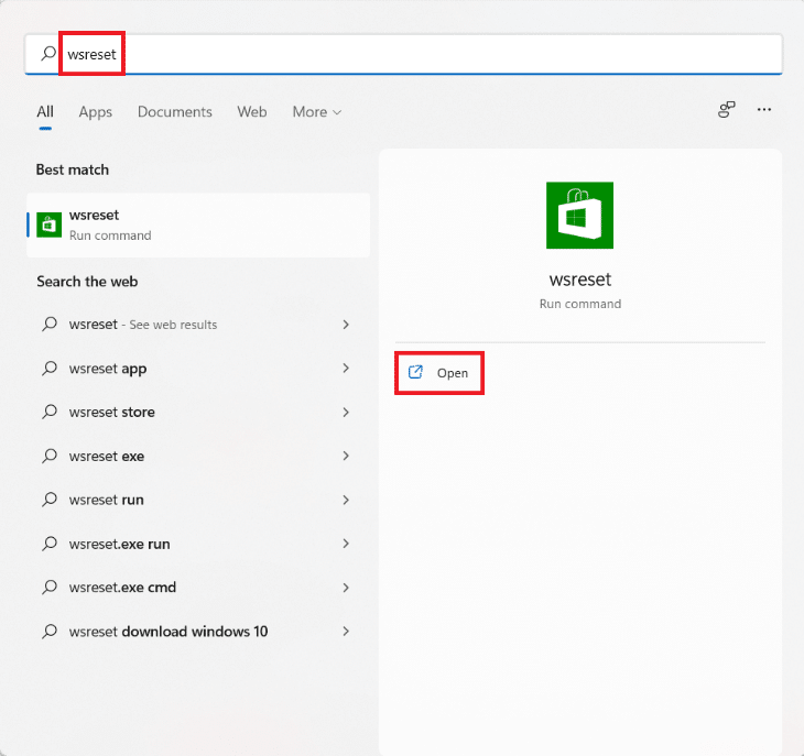 Start menu search results for wsreset. How to Fix Apps Can’t Open in Windows 11