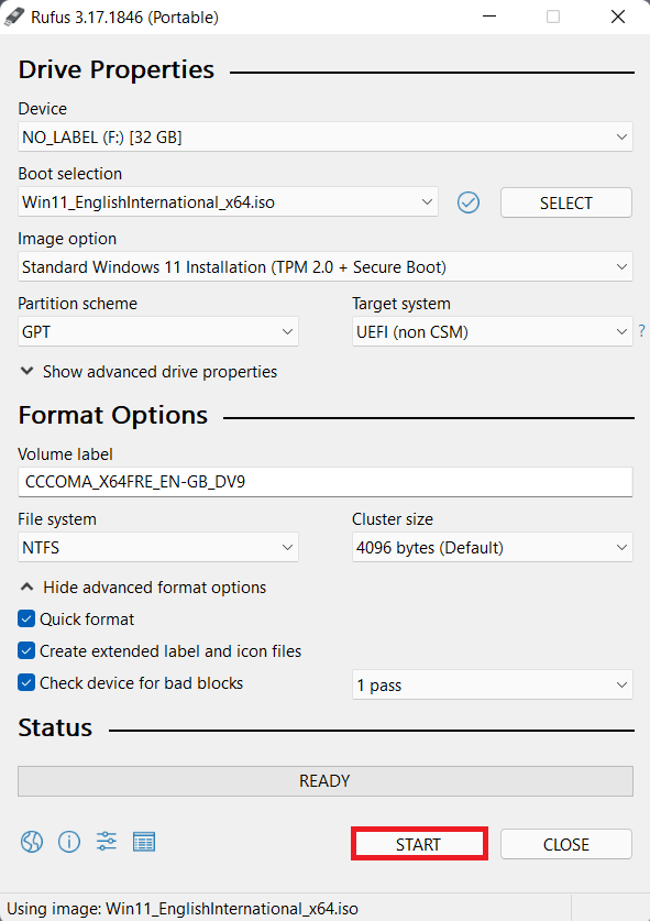 Start option in Rufus | How to create a bootable USB drive for Windows 11