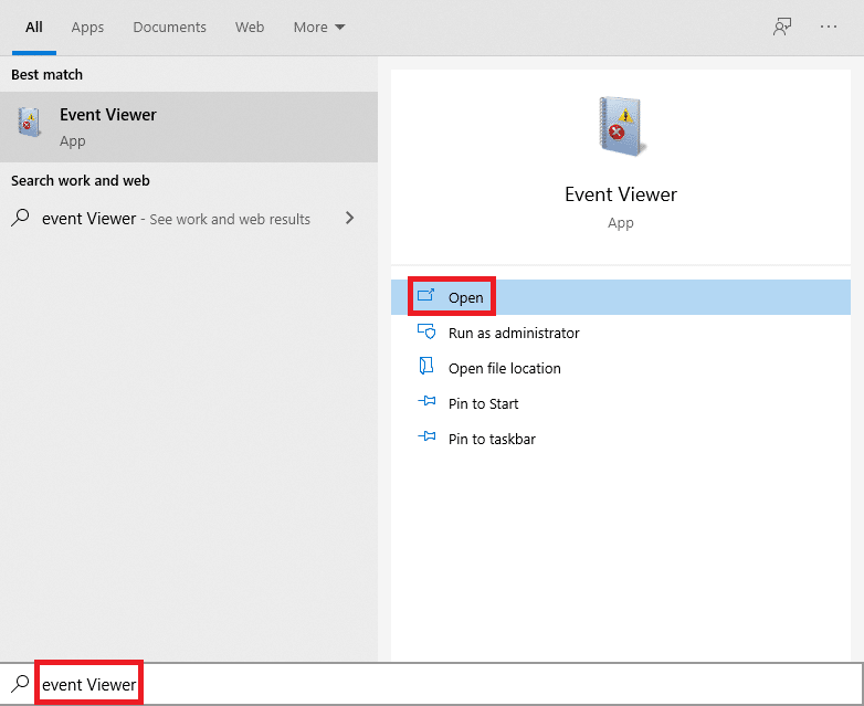 Start search results for event viewer | Fix Blue Screen Error in Windows 10