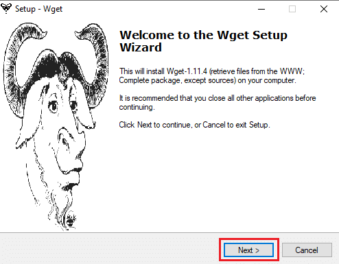 Start Wget Setup and click Next | Install WGET for Windows