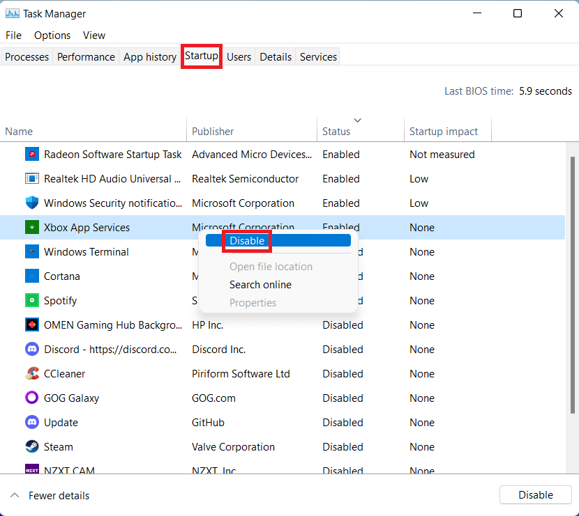 Startup tab in Task Manager.