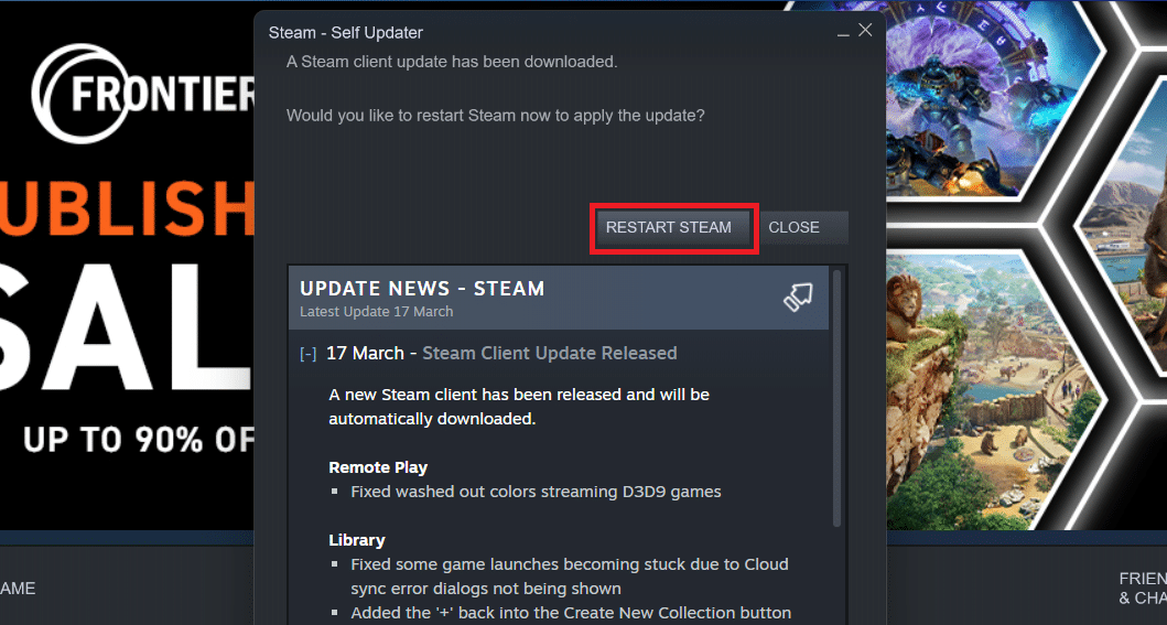 Steam – Self Updater will download updates automatically, if available. Click RESTART STEAM to apply the update.