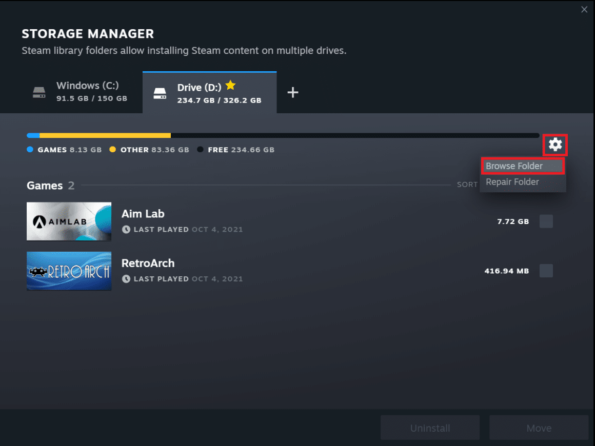 Storage Manager window in Steam PC Client | How to find Steam Game Files or Folder