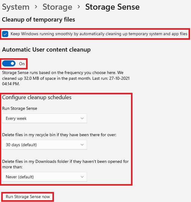 Storage sense settings. Ways to speed up Windows 11