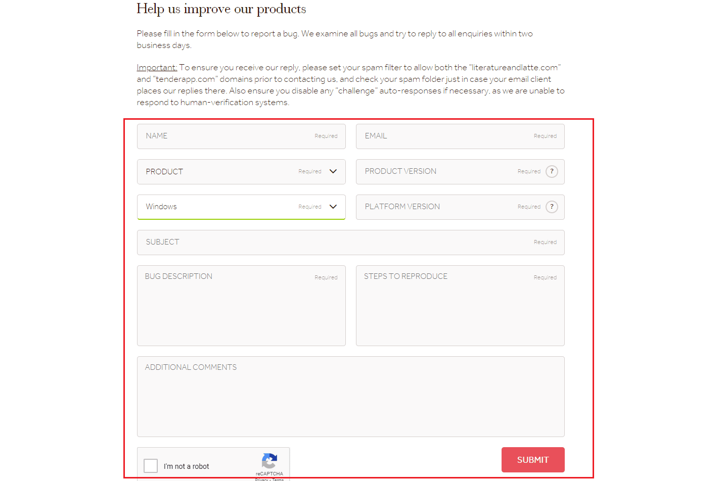 submit bug report form Scrivener