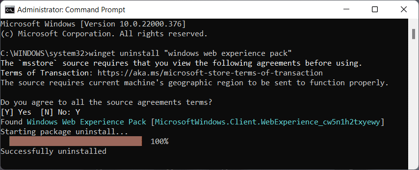 Successful uninstalling Widgets. How to Remove Weather Widget from Taskbar in Windows 11