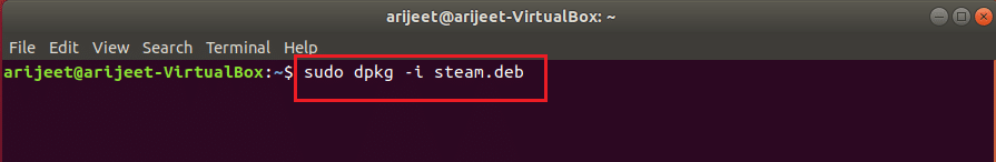 sudo dpkg i steam.deb command in linux terminal