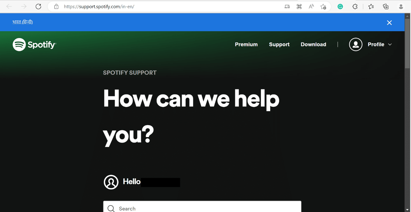 Support page of spotify app