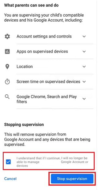 Swipe down and check on the checkbox. Tap on the Stop supervision button | How to remove family link without parent permission