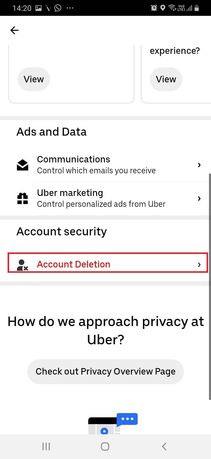 Swipe down and tap on Account Deletion | How to Delete Uber History