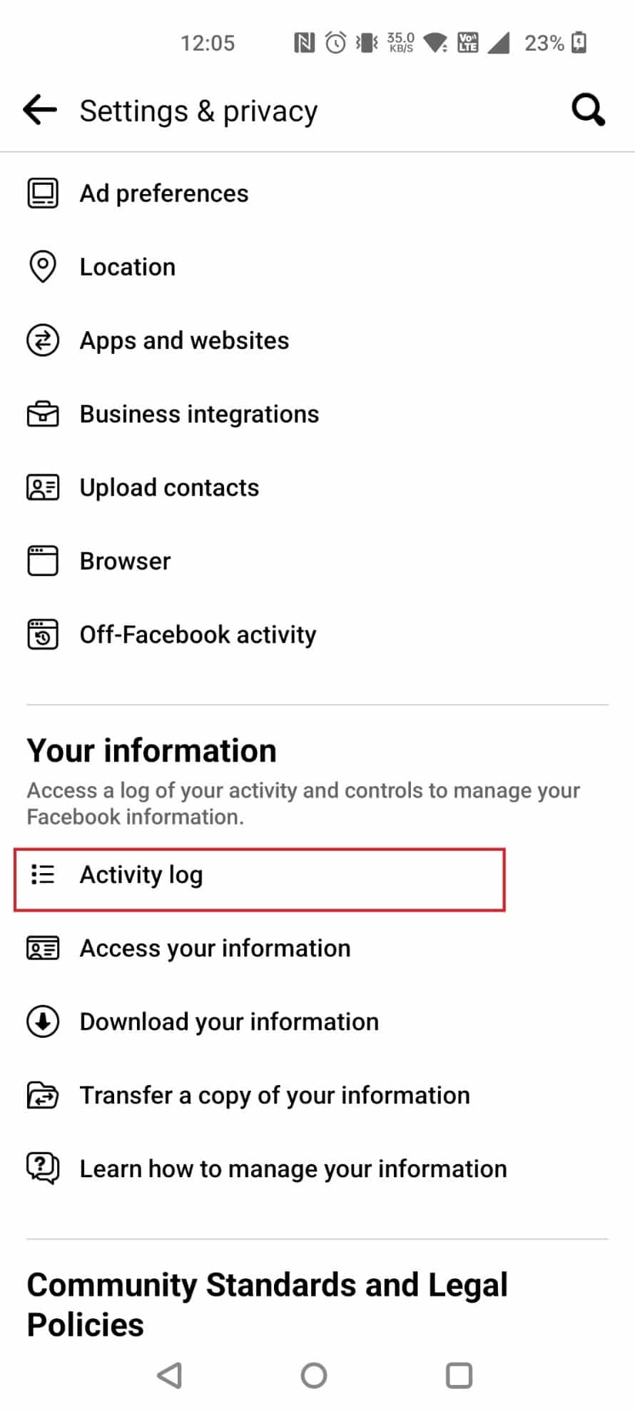 Swipe down and tap on Activity log | retrieve deleted Activity Log on Facebook