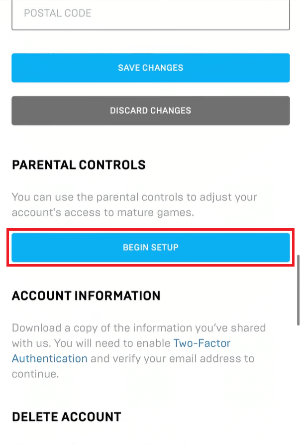 Swipe down and tap on BEGIN SETUP under PARENTAL CONTROLS | How to Turn Off Parental Controls on Fortnite