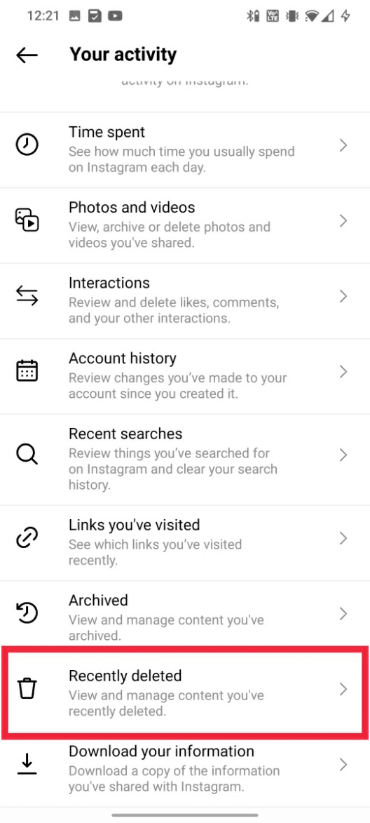 Swipe down and tap on Recently deleted | Why did your instagram drafts disappear | find saved collections on Instagram