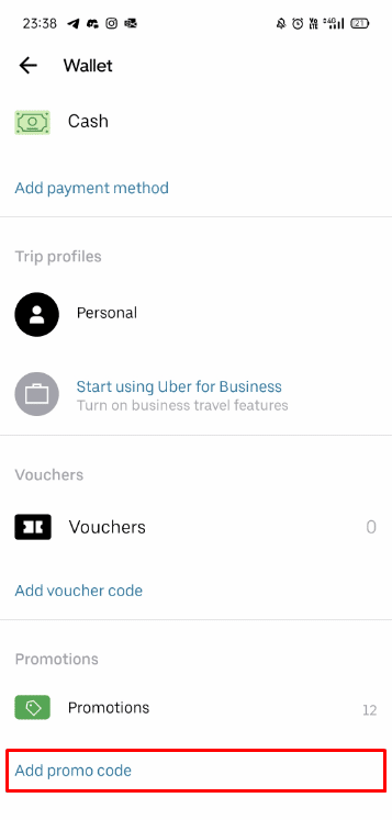 Swipe down and tap on the Add promo code option | unlimited Uber | Is There Any Uber Free Ride Hack?