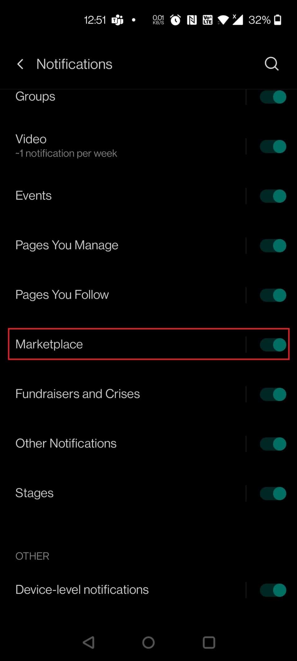 Swipe down and turn off the toggle against the option Marketplace. How to Turn Off Facebook Marketplace Notifications