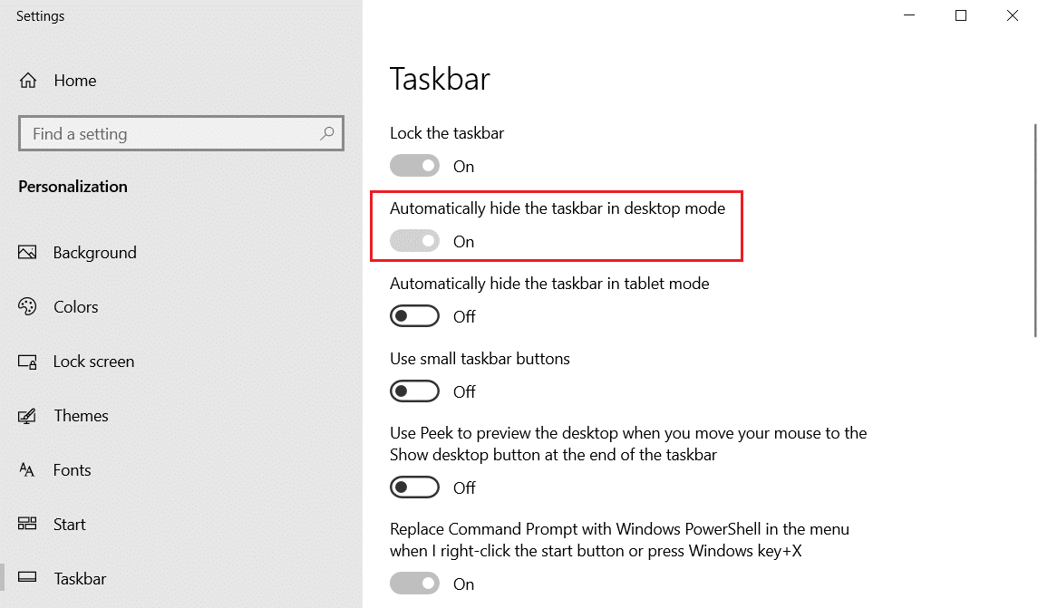 switch On the toggle for automatically hide the Taskbar in desktop mode