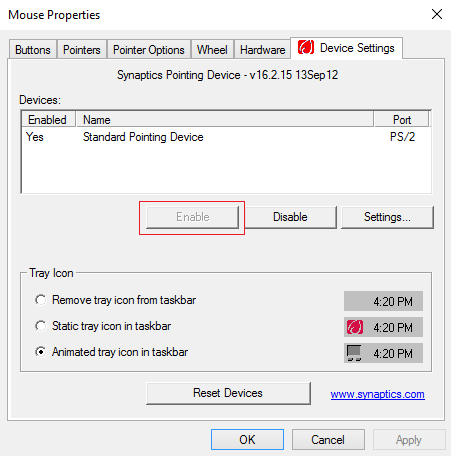 Switch to device settings tab and then click Enable