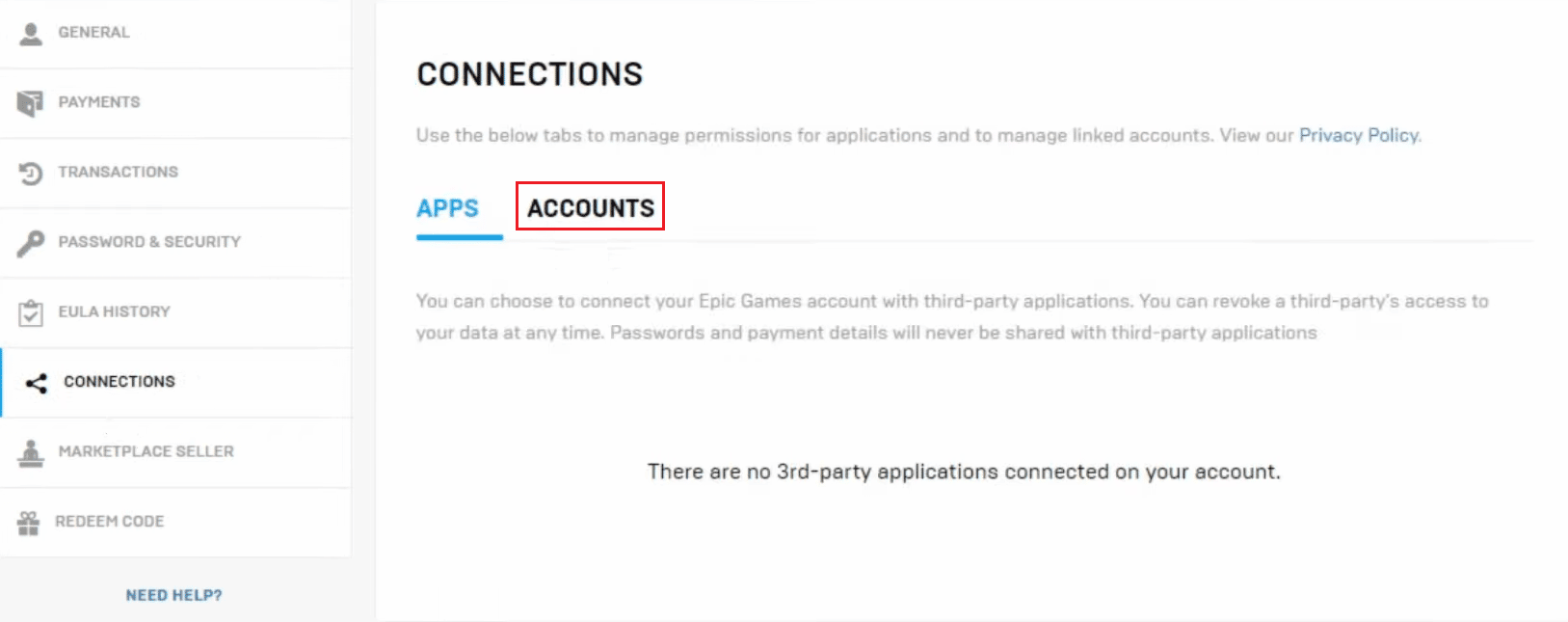 switch to the ACCOUNTS section