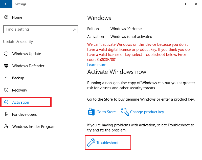 Wechseln Sie zur Registerkarte Aktivierung. Klicken Sie im rechten Bereich auf den Link Fehlerbehebung. Beheben Sie den Windows 10-Fehler 0xc004f075