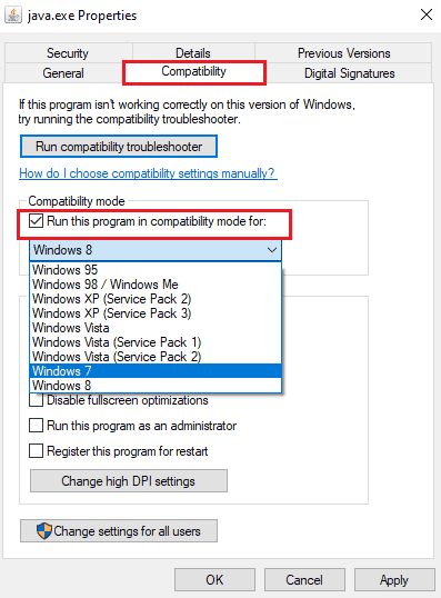 Switch to the Compatibility tab in the Properties window and check the box next to Run this program in compatibility mode for