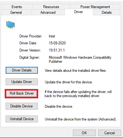Switch to the Driver tab and select Roll Back Driver to fix the handle is invalid error