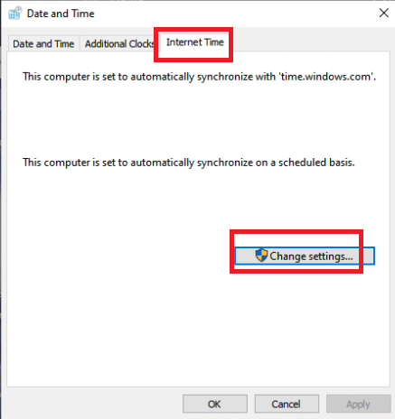 Switch to the Internet Time tab and choose Change settings