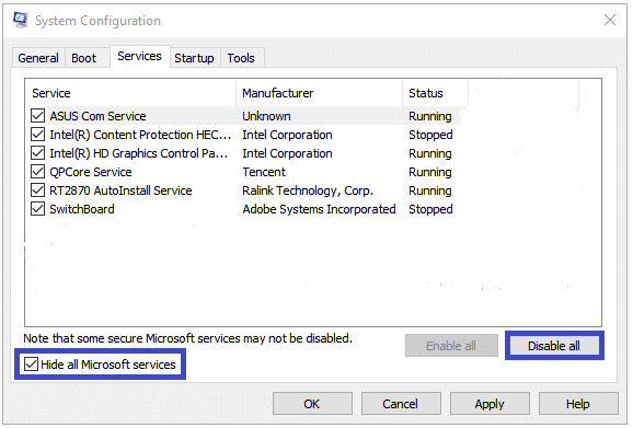 Switch to the Services tab, check to Hide all Microsoft services, and click on Disable all button 