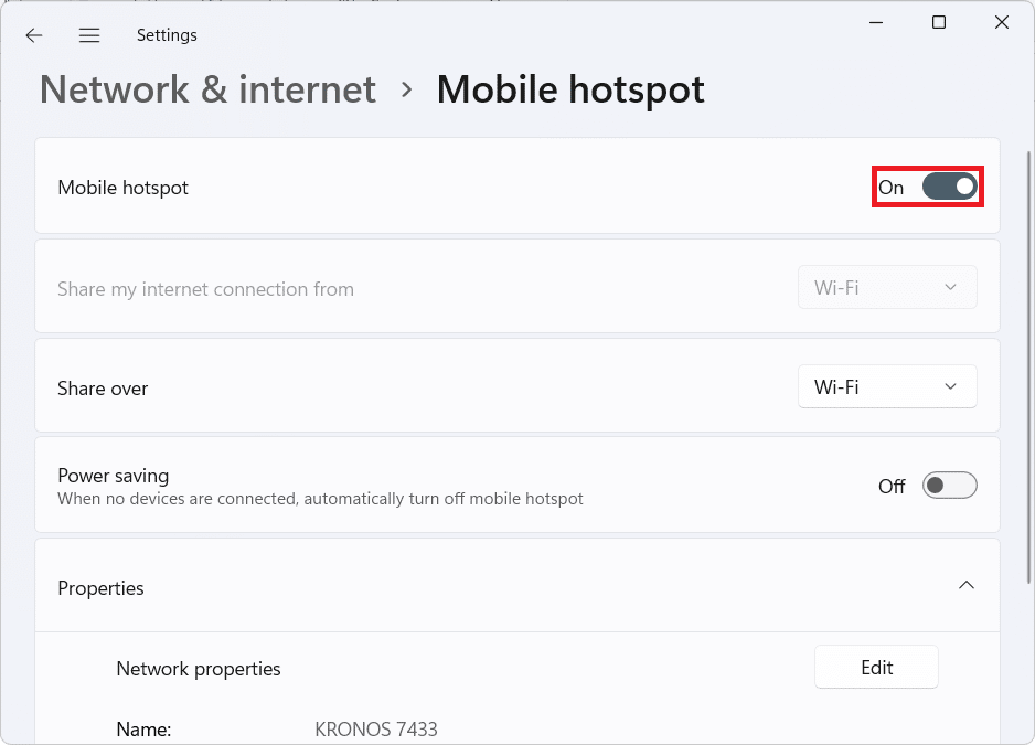 Switch toggle to disable Mobile Hotspot