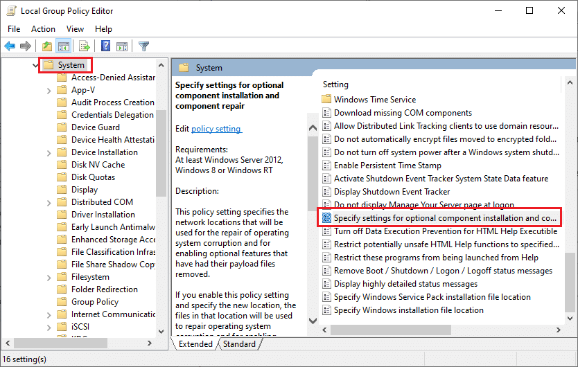 System folder is open and Specify settings for optional component installation and component repair is highlighted.