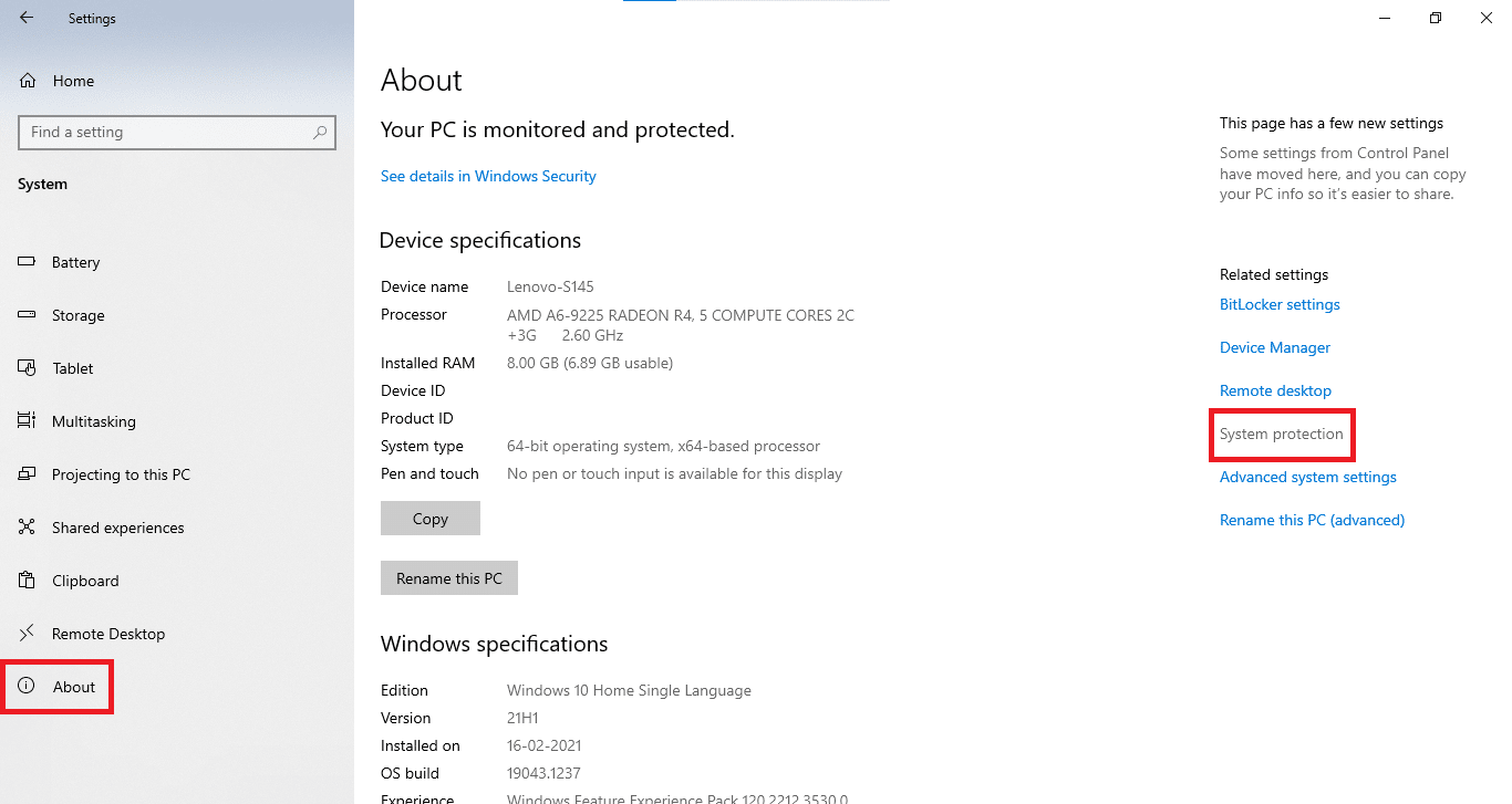 System protection option in about section | Fix Blue Screen Error in Windows 10