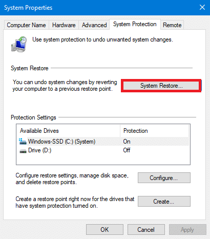 System Restore option in System properties.