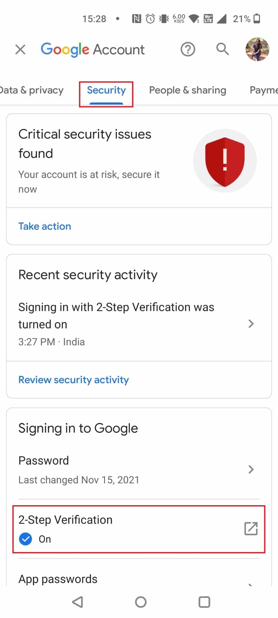 Tap on 2-Step Verification under Signing in to Google | 8 digit backup code for Gmail