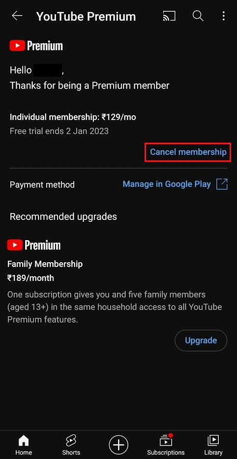 tap on Cancel membership next to the free trial end date | How to Cancel YouTube Premium Free Trial