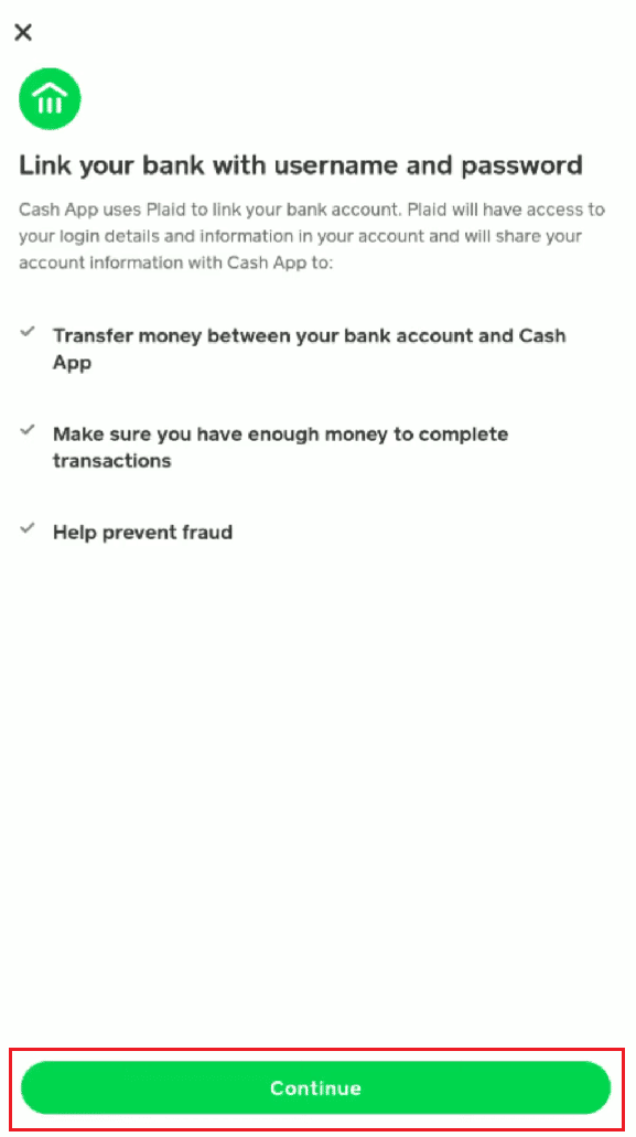 tap on Continue to link your new bank account with a username and password