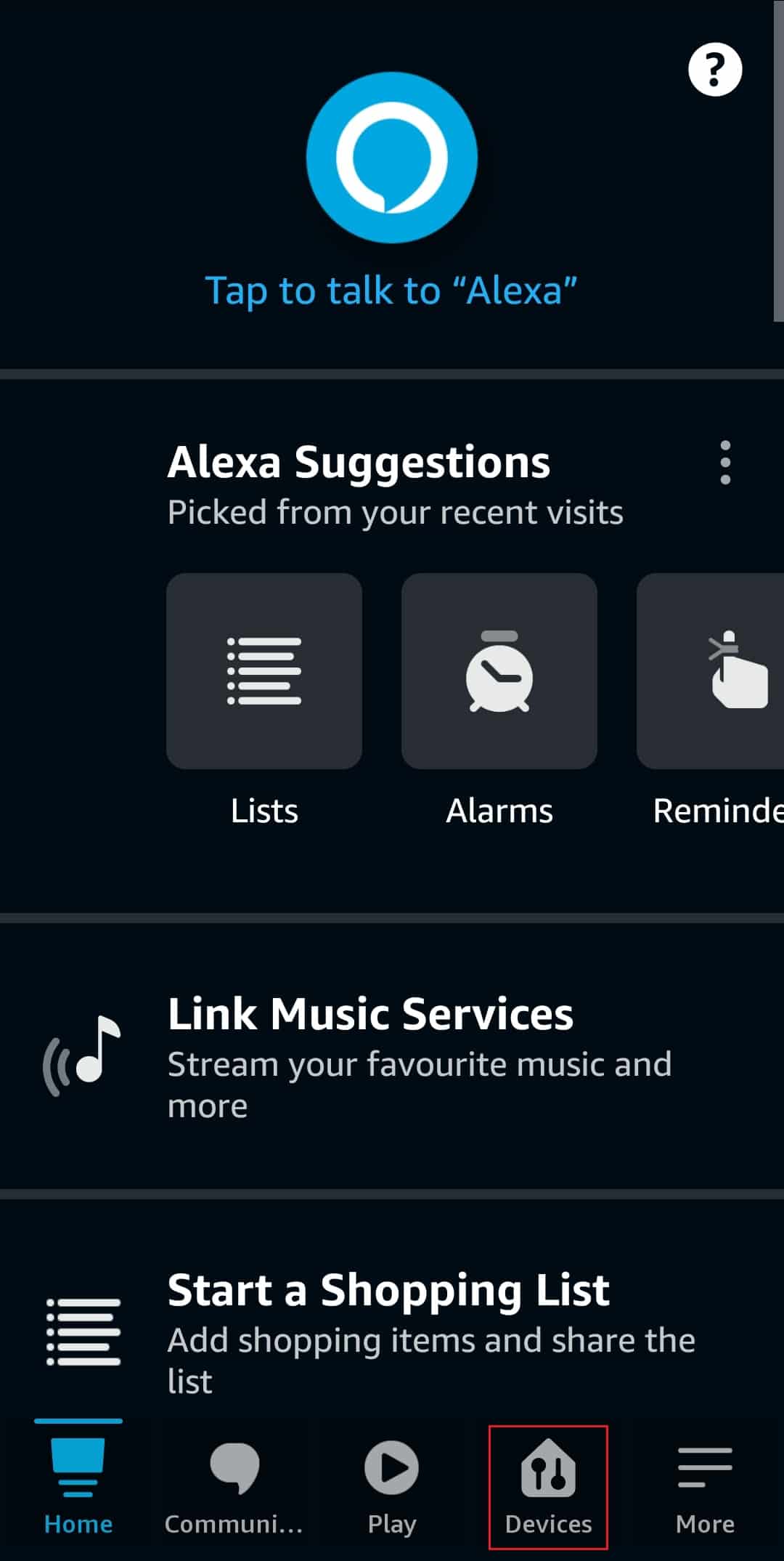 нажмите «Устройства» в приложении Amazon Alexa.