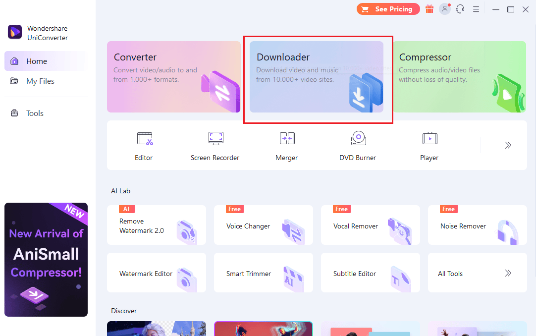 Wondershare UniConverter ရှိ Downloader option ကိုနှိပ်ပါ။