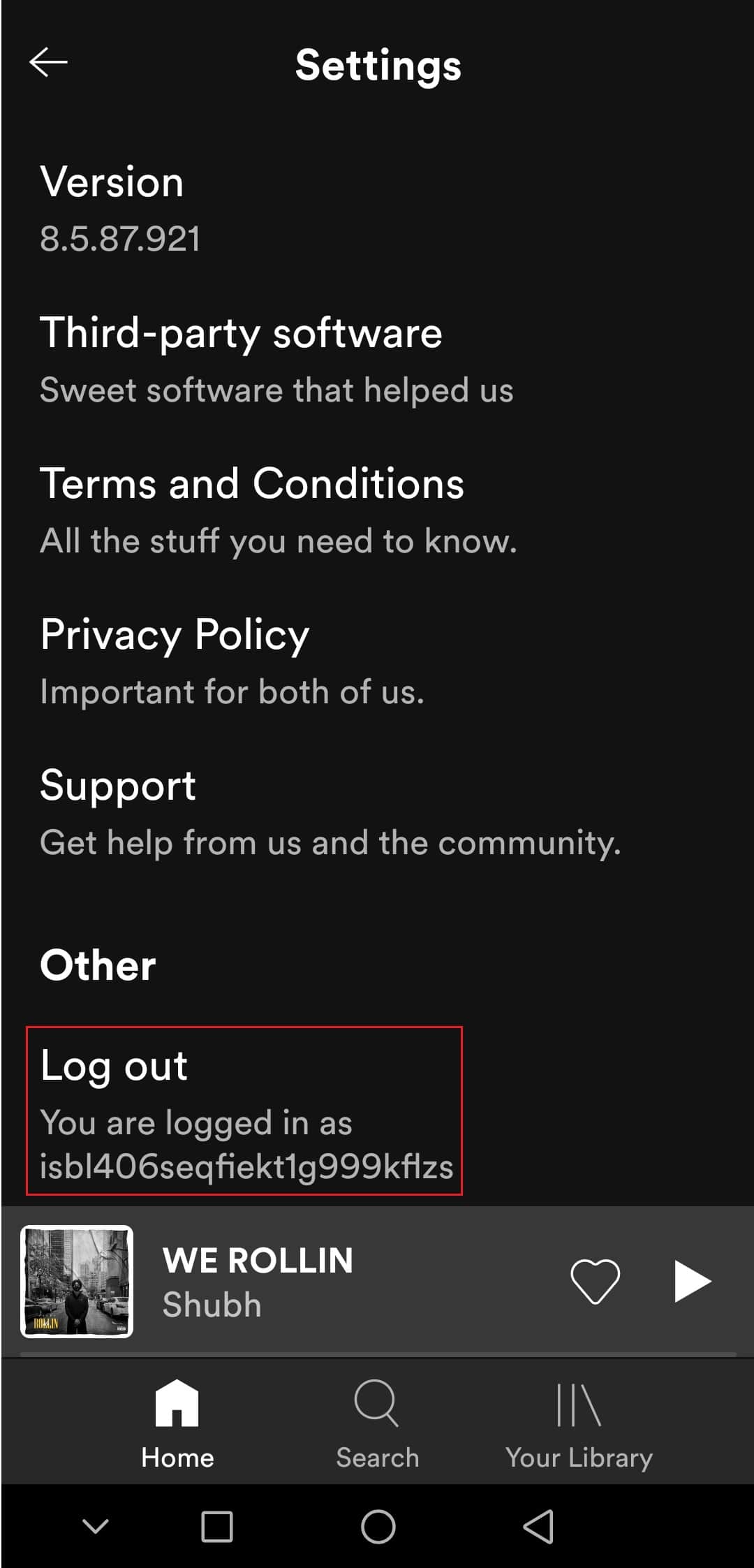 tap on Log out option in Spotify settings on Android