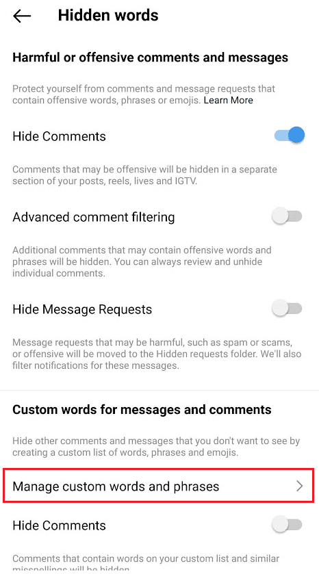 tap on Manage custom words and phrases