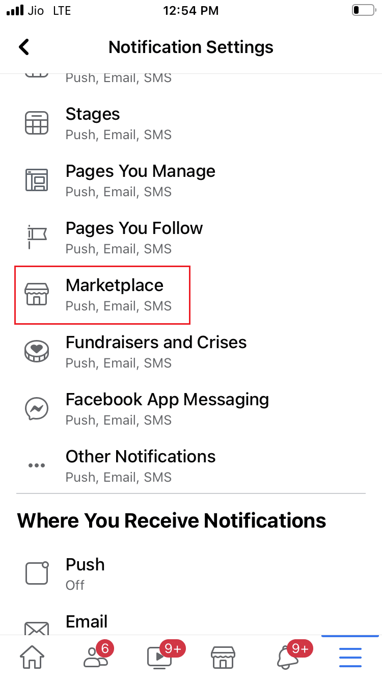 tap on Marketplace option in Notification settings in Facebook iOS app