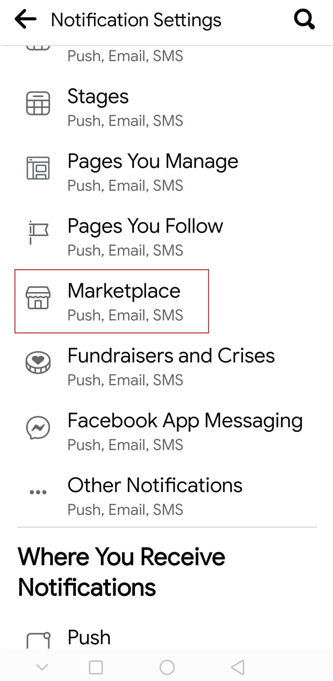 tap on Marketplace option in Notification settings on Facebook Android app